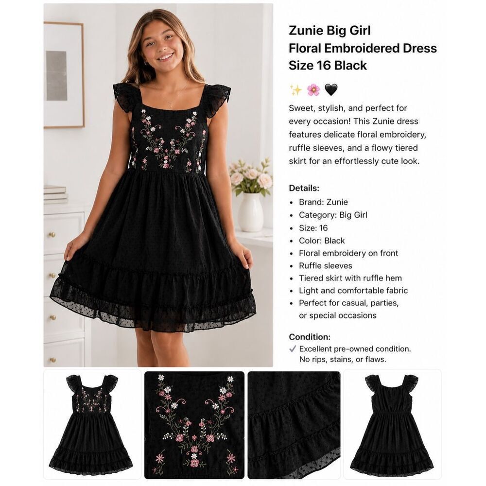 Zunie Big Girl Floral Embroidered Dress Size 16 black NWOT